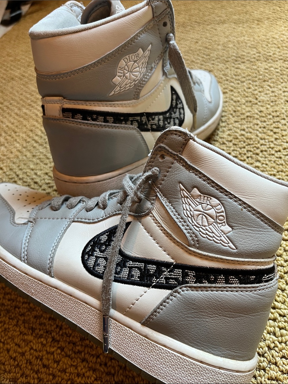Dior Women's High-Top Sneakers — Gray & White with Black Dior Swoosh